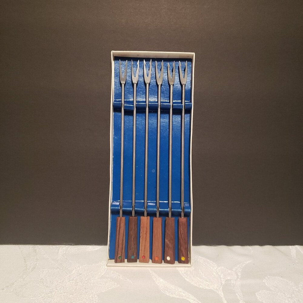 Vintage Fondue Fork Set, Wood Fondue Forks in Original Box